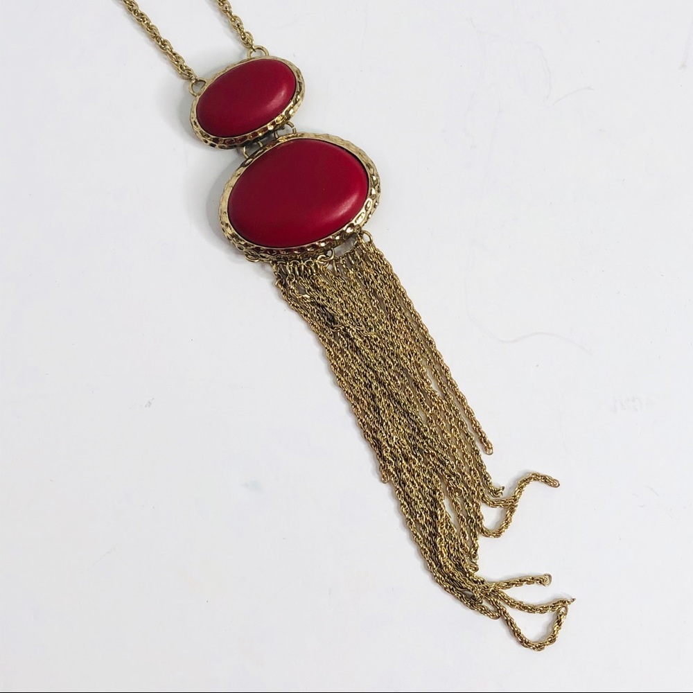 Double Medallion Red Long Chain Tassel Necklace